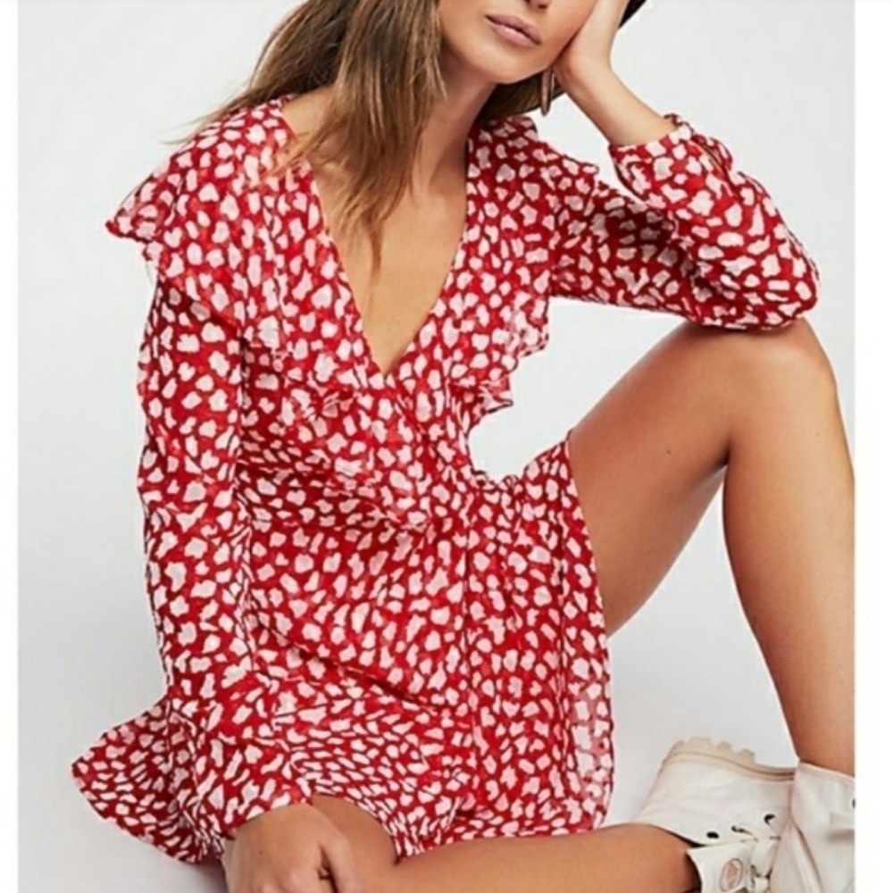 Free People Frenchie Red Polka Dot Long Sleeve Wrap Dress